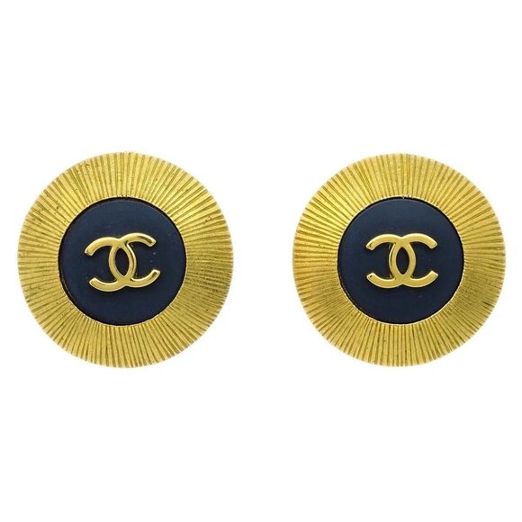 Chanel Gold Black Button Earrings Clip-On 95P - Picture 1 of 4